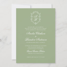 Formal Classic Sage Green Monogram Crest Wedding Inbjudningar