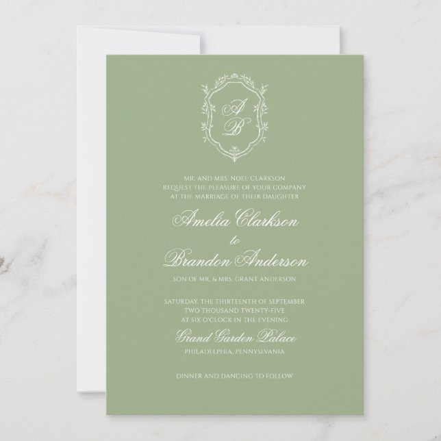 Formal Classic Sage Green Monogram Crest Wedding Inbjudningar (Framsida)