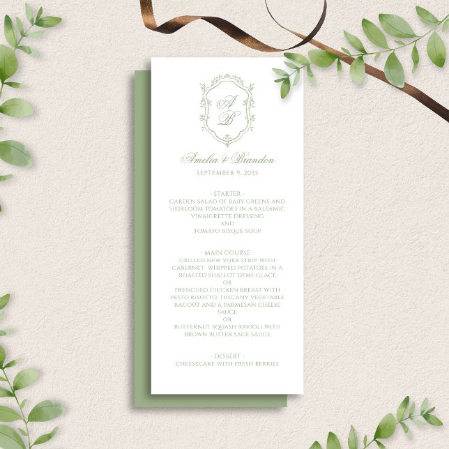 Formal Classic Sage Green Monogram Crest Wedding Meny (Skapare uppladdad)