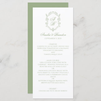 Formal Classic Sage Green Monogram Crest Wedding Meny