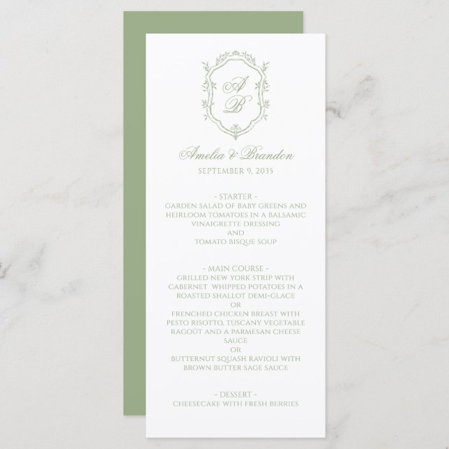 Formal Classic Sage Green Monogram Crest Wedding Meny (Fram/baksida)