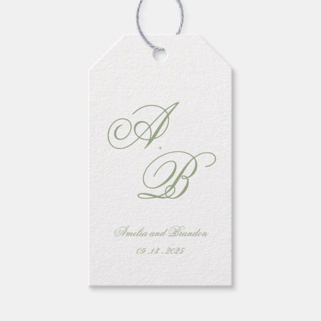 Formal Classic Sage Green Monogram Script Wedding Presentetikett (Framsidan)