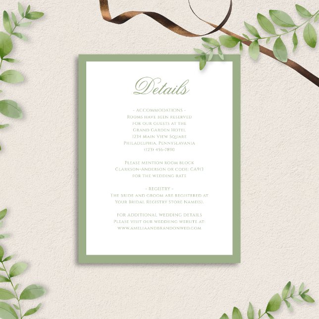 Formal Classic Sage Green Script Wedding Details Tilläggskort (Skapare uppladdad)