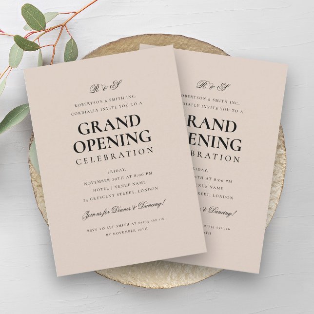 Formal Corporate Grand Open Monogram Champagne Inbjudningar (Formal Corporate Grand Opening Monogram Champagne Invitation)