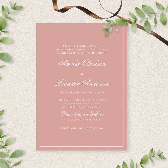 Formal Dusty Rose & White Border Script Wedding Inbjudningar (Skapare uppladdad)