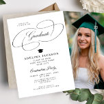 Formal elegant college photo graduation party inbjudningar<br><div class="desc">Stylish calligraphy script black and white senior high school,  college or university graduate photo graduation party invitation template with a grad hat.              Easy to personalize with your custom photo,  the graduate's name,  graduation year,  school name,  and graduation party details!</div>