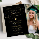 Formal elegant college photo graduation party inbjudningar<br><div class="desc">Stylish calligraphy script gold black senior high school,  college or university graduate photo graduation party invitation template with a grad hat.              Easy to personalize with your custom photo,  the graduate's name,  graduation year,  school name,  and graduation party details!</div>