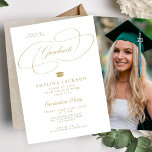 Formal elegant college photo graduation party inbjudningar<br><div class="desc">Stylish calligraphy script gold white senior high school,  college or university graduate photo graduation party invitation template with a grad hat.              Easy to personalize with your custom photo,  the graduate's name,  graduation year,  school name,  and graduation party details!</div>