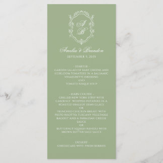 Formal Elegant Sage Green Monogram Crest Wedding Meny