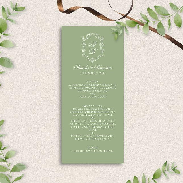 Formal Elegant Sage Green Monogram Crest Wedding Meny (Skapare uppladdad)