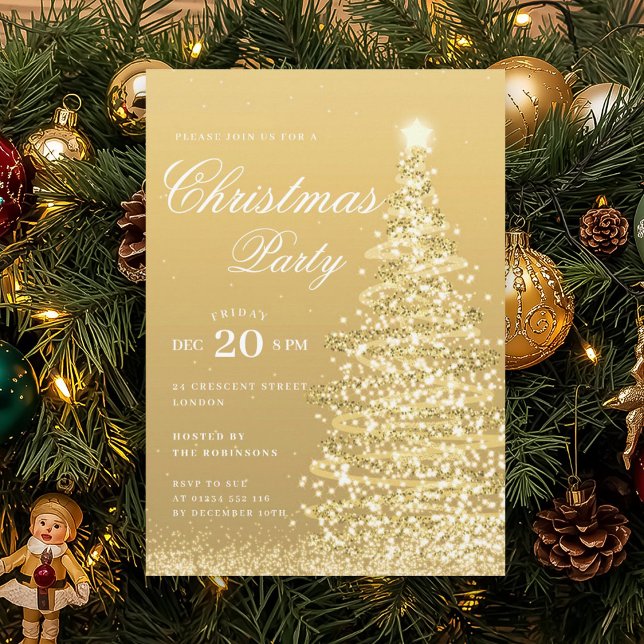 Formal Gold Winter Christmas Tree Holiday Party  Inbjudningar (Formal Gold Winter Christmas Tree Holiday Party Invitation)