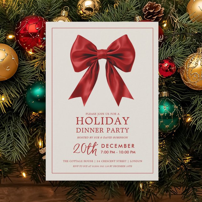 Formal Holiday Dinner Party Red Satin Bow Inbjudningar (Formal Holiday Dinner Party Red Satin Bow Invitation)