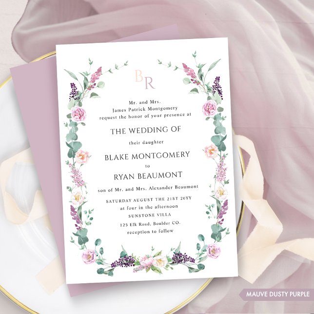 Formal Mauve Lila Pastel Blommigt Monogram Bröllop Inbjudningar (Skapare uppladdad)