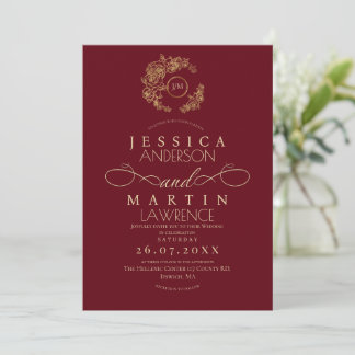 Formal Minimalist Red Gold Wedding  Inbjudningar