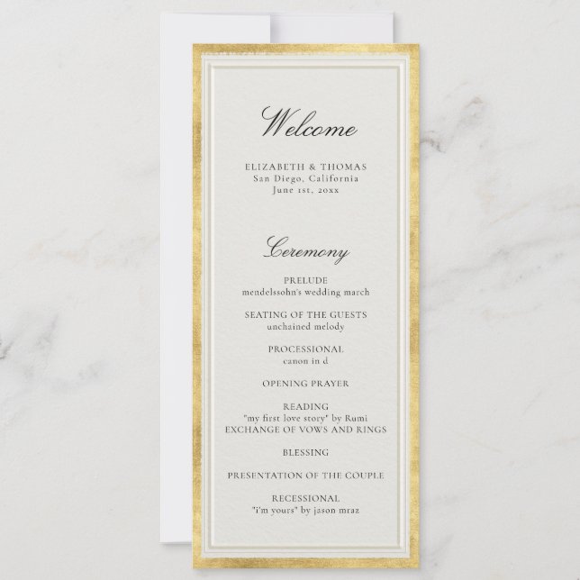 Formal Modern Classic Ecru Gold Wedding Program (Framsida)