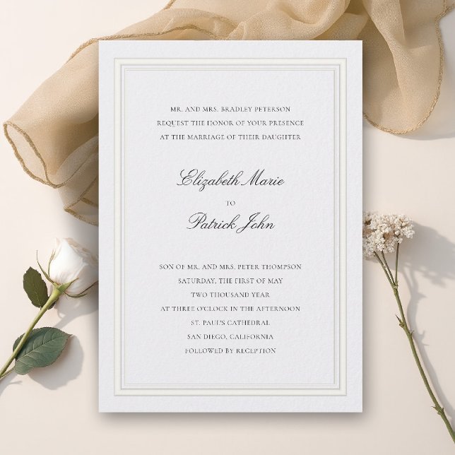 Formal Modern Classic Thick & Thin Pearl Wedding Inbjudningar (formal wedding invitation modern classic double frame duo elegant pearl white calligraphy parents)