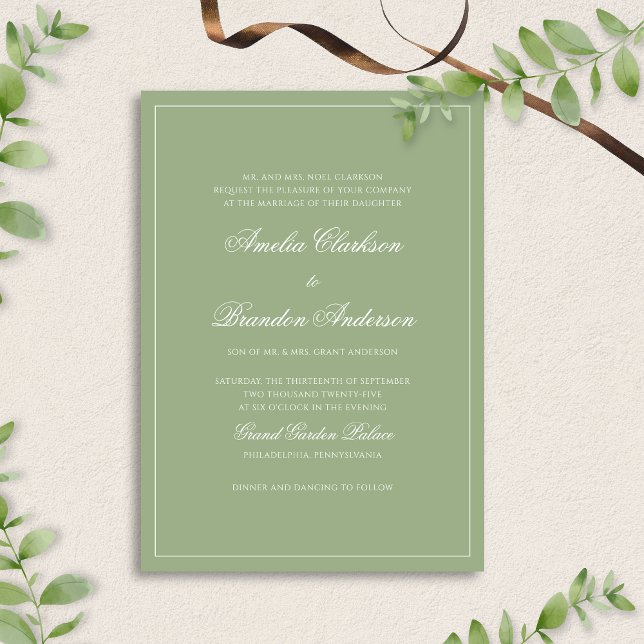 Formal Real Sage Green Border Script Wedding Inbjudningar (Skapare uppladdad)