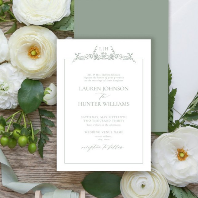 Formal Sage Green Floral Border Monogram Wedding Inbjudningar (Skapare uppladdad)