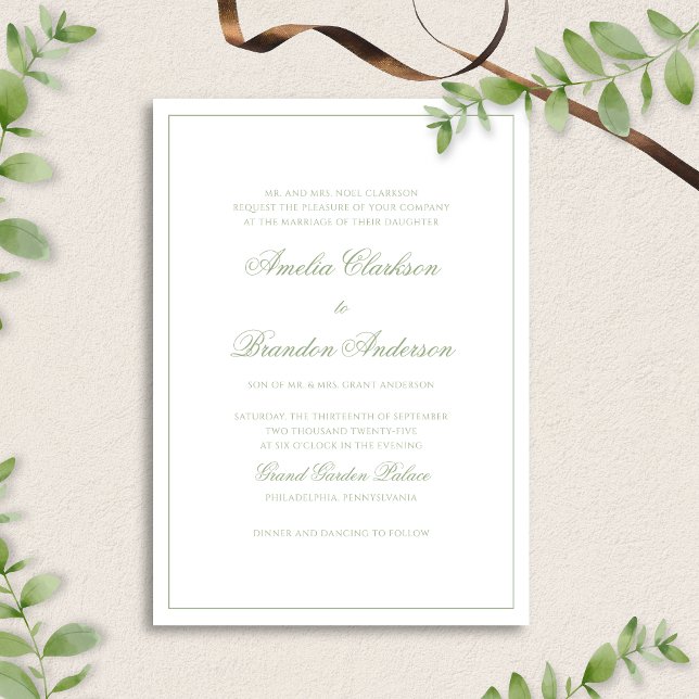 Formal Sage Green & White Border Script Wedding Inbjudningar (Skapare uppladdad)