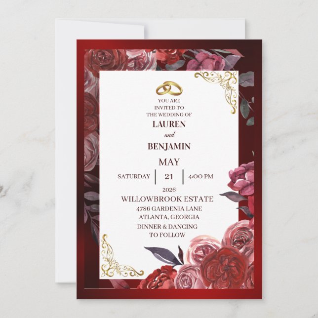 Formal wedding invitation in red and gold inbjudningar (Framsida)