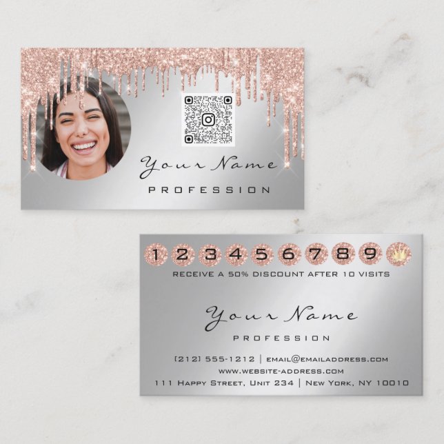 Förmånskort 10 Slår Krona QR Logotyp Photo Silver Visitkort (Fram/baksida)