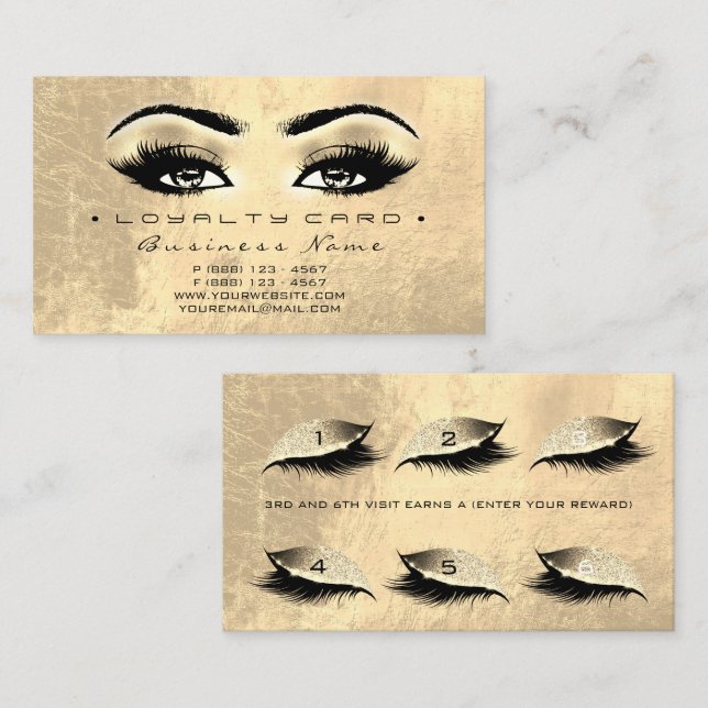 Förmånskort 6 Beauty Salon Lash Makeup Brown Guld Lojalitetskort (Fram/baksida)