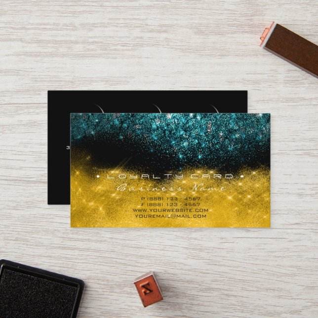 Förmånskort 6 Beauty Salon Teal Blue Guld Glitter Lojalitetskort (Fram/Back In Situ)