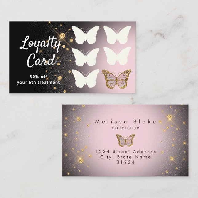 förmånskort faux glitter-fjäterfly visitkort (Fram/baksida)