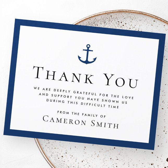 Förmedling om mörk blått gräns begravning i Nautis Tack Kort (Nautical anchor dark blue border funeral sympathy thank you card)