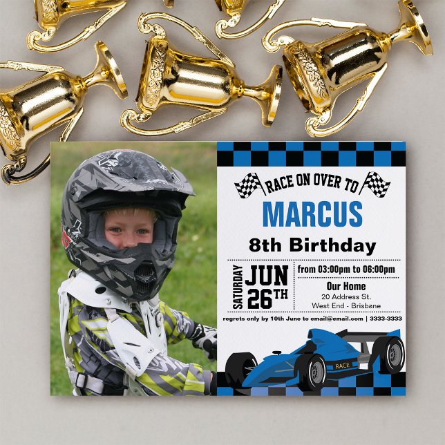 Formel 1 Tävla Födelsedagsfest inbjudan (Race on over with this cool formula one birthday invitation.)