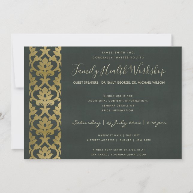 FORMEL FAUX GULD BLACK DAMASK WORKSHOP-HÄNDELSE INBJUDNINGAR (Framsida)