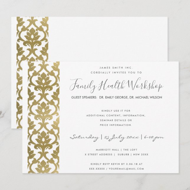 FORMEL FAUX GULD WHITE DAMASK WORKSHOP-HÄNDELSE INBJUDNINGAR (Fram/baksida)