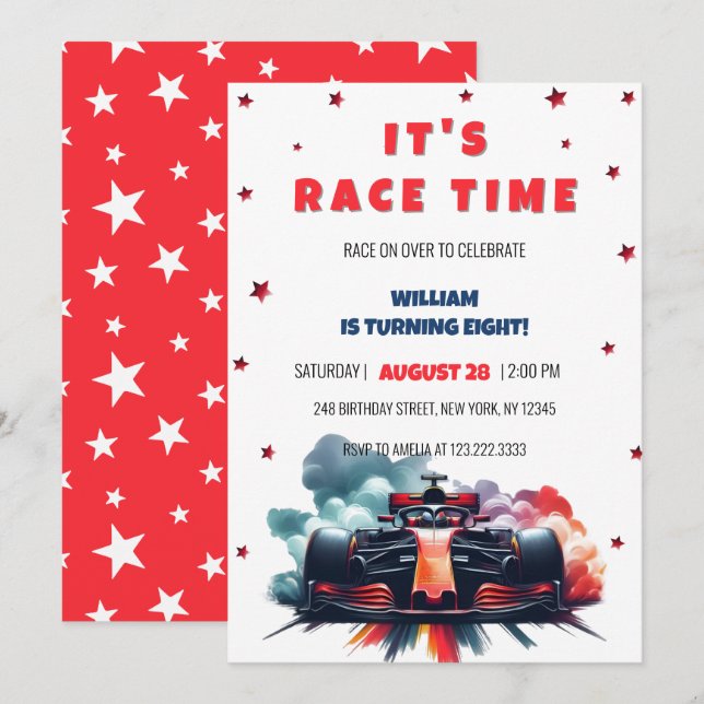 Formel Racingbil Röd Rök Stjärnor F1 Födelsedag Inbjudningar (Fram/baksida)
