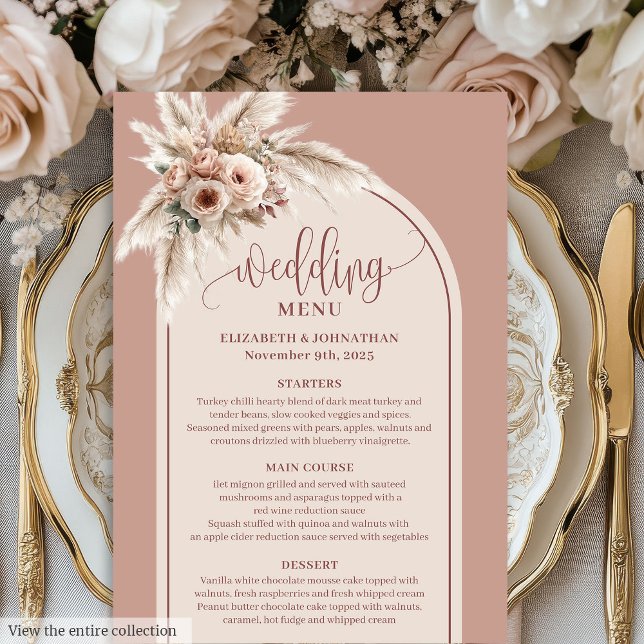 Formell båge Pastell Rosa Pampas Blommig Bröllopsm Meny (Formal Arch Pastel Pink Pampas Floral Wedding Menu)