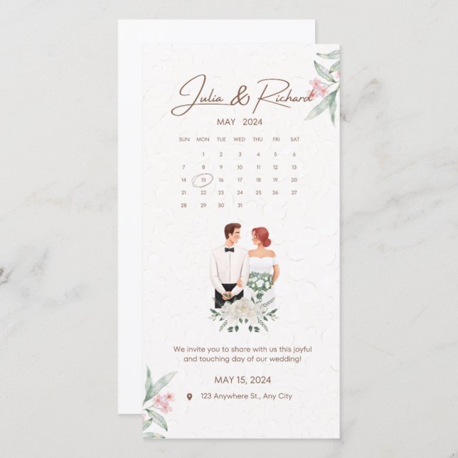 Formell beige och Grönt Blommigt bröllopsinbjudan (Fram/baksida)