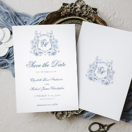 Formell blå blomster vapensköldsmonogram elegant b spara datumet