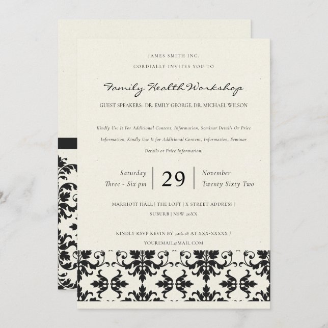 FORMELL BLACK & WHITE DAMASK CLASSIC WORKSHOP EVEN INBJUDNINGAR (Fram/baksida)