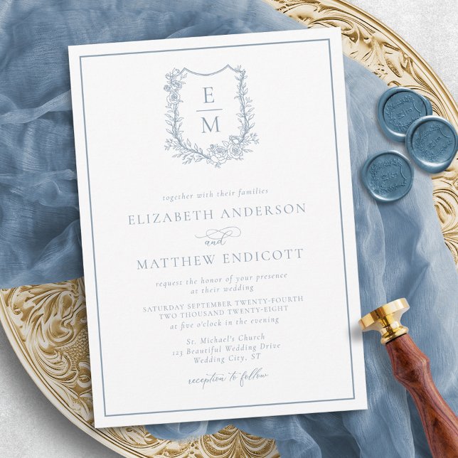 Formell Blommigt Monogram Vapensköld Dusty Blue Br Inbjudningar (Skapare uppladdad)