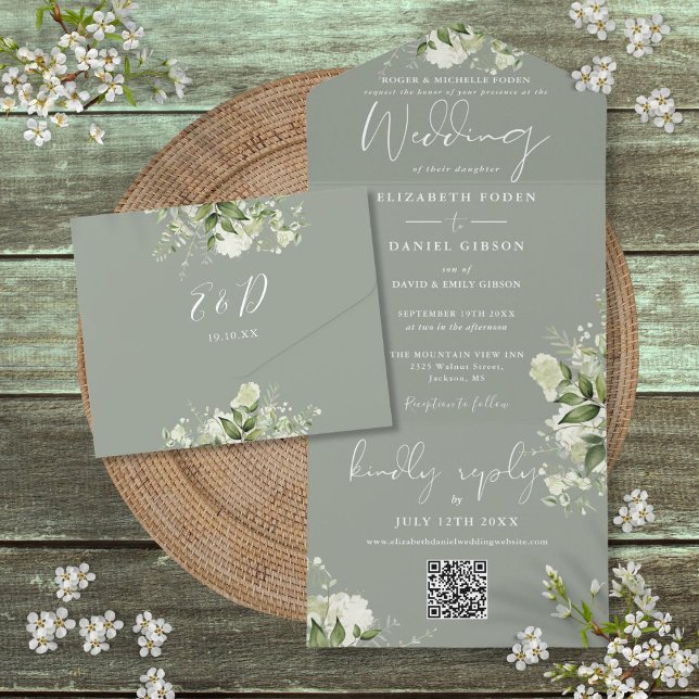 Formell bröllopsfest med blomstergul grön QR-kod (Floral Sage Green QR Code Formal Wedding All In One Invitation)