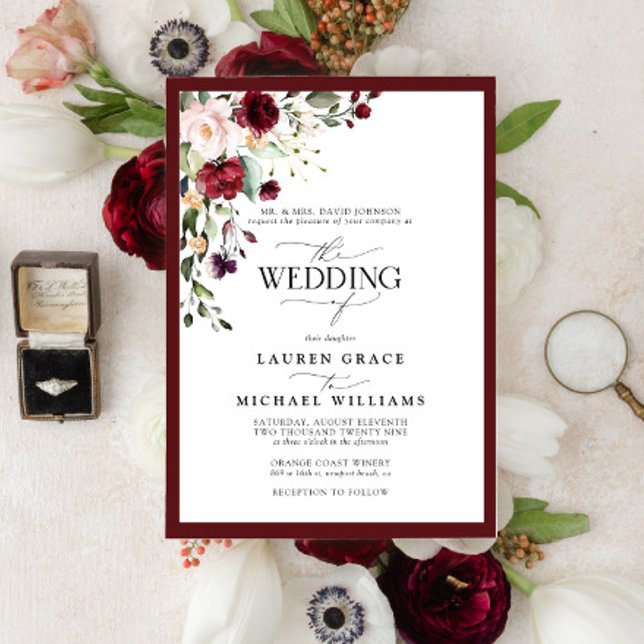 Formell Burgundy  Blommigt vattenfärgsskript Inv Inbjudningar (Skapare uppladdad)