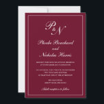 Formell Burgundy Monogram Elegant bröllop Inbjudningar<br><div class="desc">Traditionell burgundisk bröllopsinbjudan från stil med en enkel och klassisk design med dina två första monogram och namn i en elegant kalligrafi inuti ett tunt gräns. All inslag kan ändras i verktyg för designredigering. Dessa inbjudningar från elegant bröllop är perfekt för ett formellt bröllop.</div>