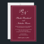 Formell Burgundy Monogram Elegant bröllop Inbjudningar<br><div class="desc">Traditionell burgundisk bröllopsinbjudan från stil med en enkel och klassisk design med dina två första monogram och namn i en elegant kalligrafi inuti ett tunt gräns. All inslag kan ändras i verktyg för designredigering. Dessa inbjudningar från elegant bröllop är perfekt för ett formellt bröllop.</div>