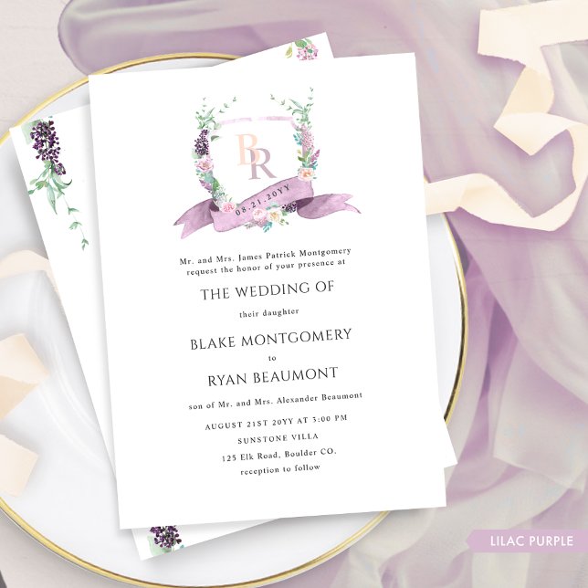 Formell Chic Lilac, Lila, Pastel Monogram Bröllop Inbjudningar (Skapare uppladdad)
