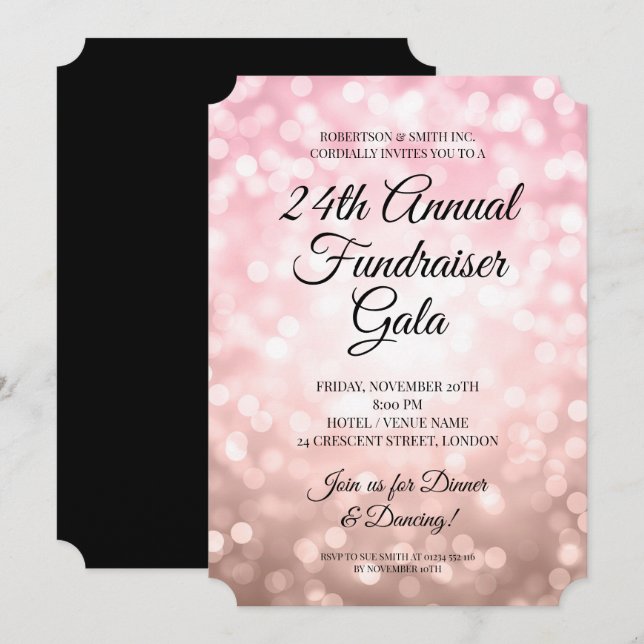 Formell Corporate Fundraiser Party Rose Guld Ljus Inbjudningar (Fram/baksida)