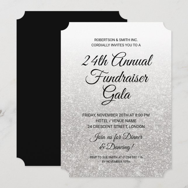 Formell Corporate Fundraiser Silver Glitter Inbjudningar (Fram/baksida)