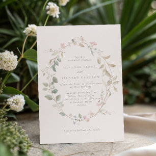 Formell delikat rosa blomsterkrans bröllop inbjudningar