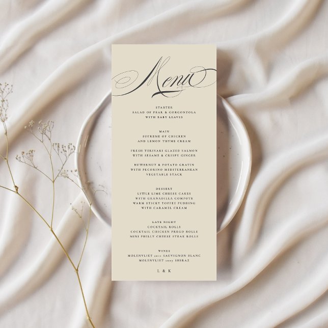 Formell Elegant Calligraphy Charcol Beige Bröllop Meny (Skapare uppladdad)