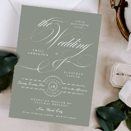 Formell Elegant Calligraphy Grått Grönt Bröllop Inbjudningar