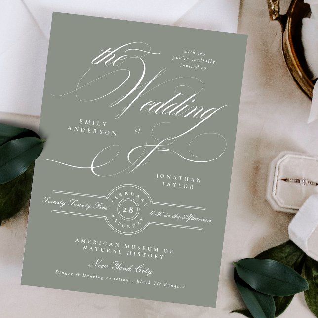 Formell Elegant Calligraphy Grått Grönt Bröllop Inbjudningar (Skapare uppladdad)
