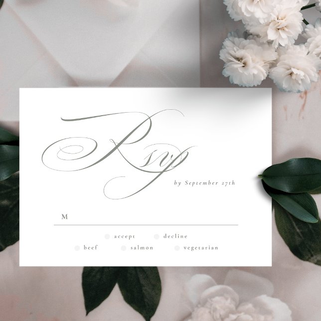 Formell Elegant Calligraphy Grått Grönt Bröllop OSA Kort (Skapare uppladdad)